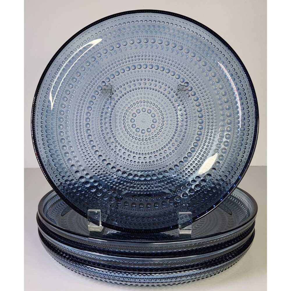 Set of 4 Iittala Kastehelmi Blue Rain Plates Oiva Toikka 9 5/8" Finland Dinner